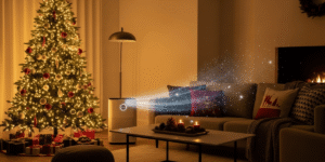 Cozy holiday living room showcasing indoor air quality solutions with clean air circulation and festive decorations