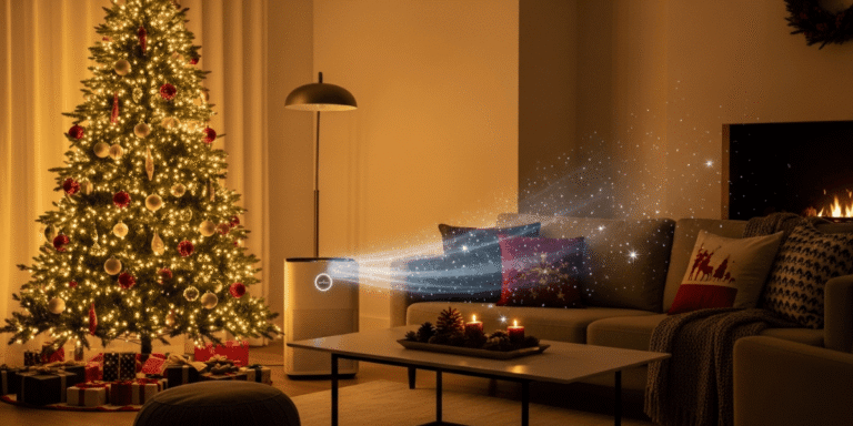 Cozy holiday living room showcasing indoor air quality solutions with clean air circulation and festive decorations