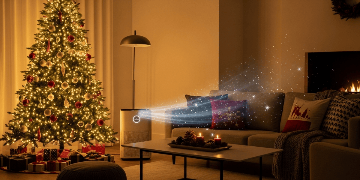 Cozy holiday living room showcasing indoor air quality solutions with clean air circulation and festive decorations