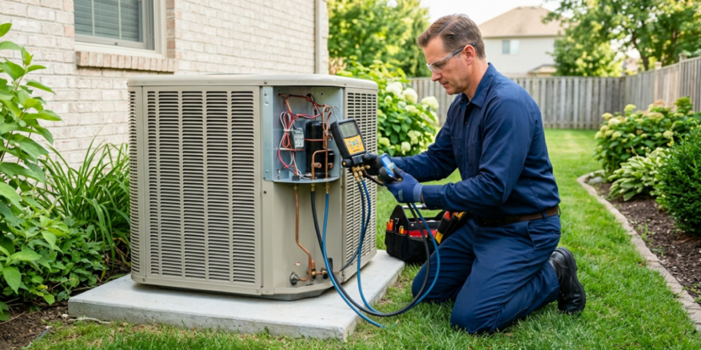 HVAC tech repairing a visibly older and worn down AC unit